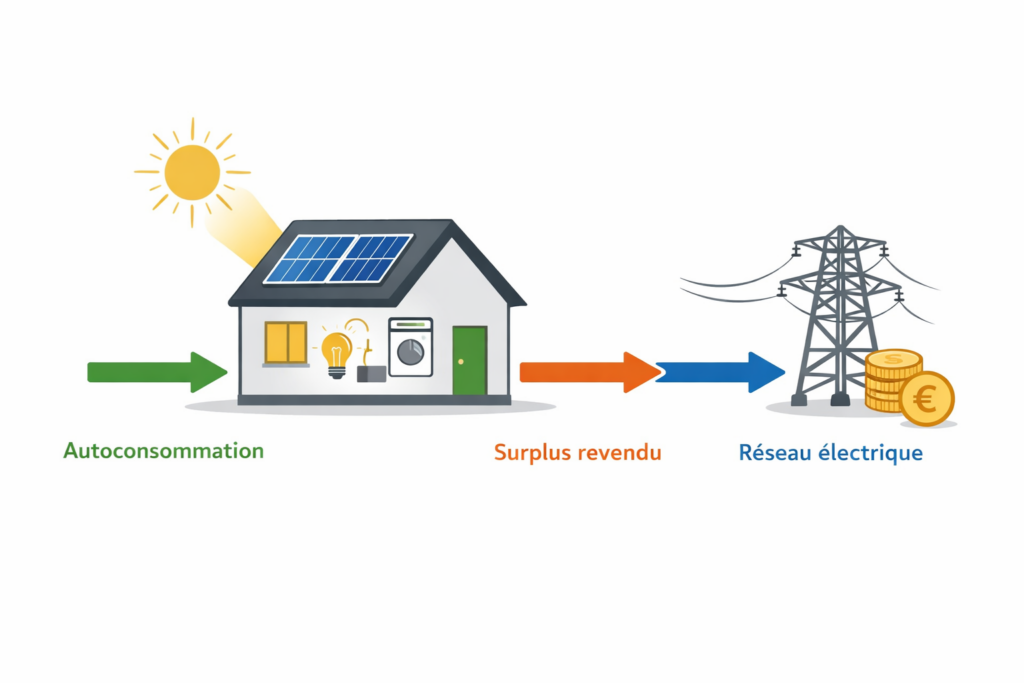 Schéma explicatif d’une installation photovoltaïque en autoconsommation avec revente du surplus